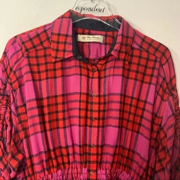 New We The Free People Red Plaid Combo Boho Gathered Peplum Top NWT - Picture 6 of 16